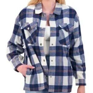 HFX Ladies Blue Plaid Button Down Shacket Size:Small